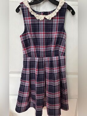 Plaid Fit-and-Flare Dress with Lace Collar - Navy & Red Sleeveless